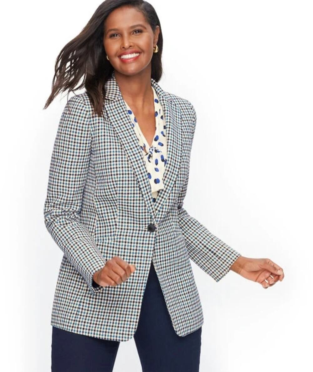 Talbots Plaid Single Button Blazer blue cream sz 14